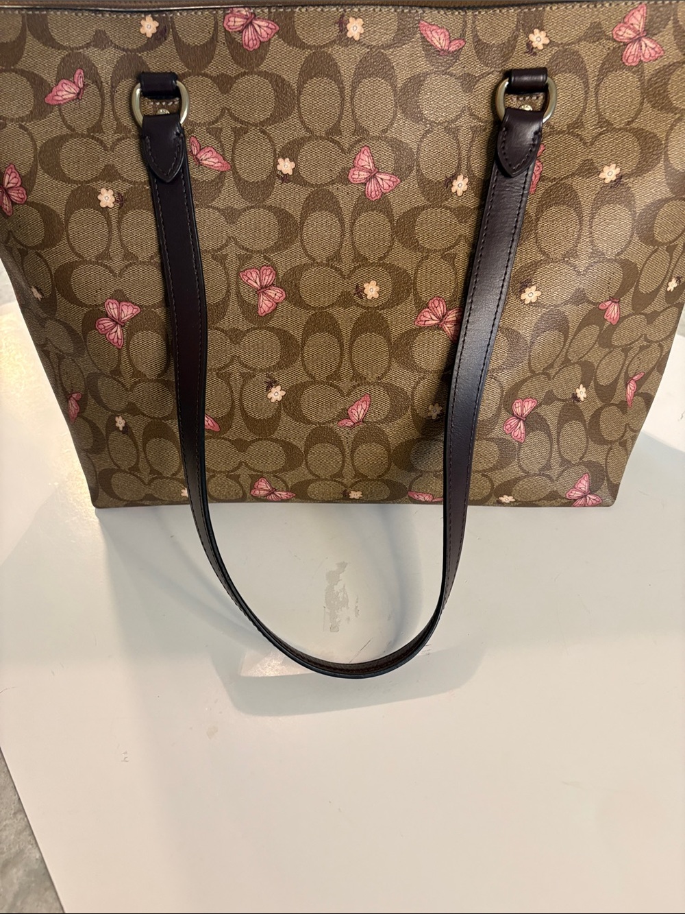 Coach Brown Signature Tote with Pink Butterfly Accents - Picture 3 of 4